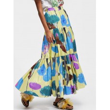 Women Colorful Floral Print Loose Elastic Waist A  Line Long Tiered Layered Skirt