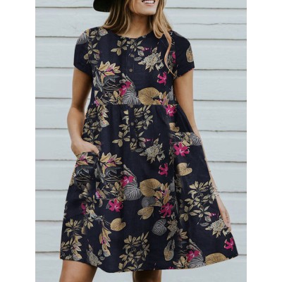 Leaves Print Pocket Button Round Neck Short Sleeve Dress