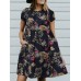 Leaves Print Pocket Button Round Neck Short Sleeve Dress