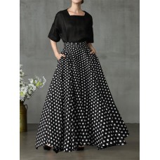 Women Polka Dot Print Loose Big Swing Side Pockets Casual Long Skirt