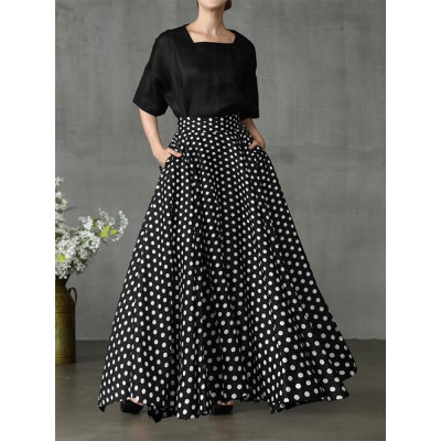 Women Polka Dot Print Loose Big Swing Side Pockets Casual Long Skirt