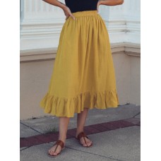 Solid Color A  Line Ruffle Hem Elastic Waist Pleated Casual Skirts For Women