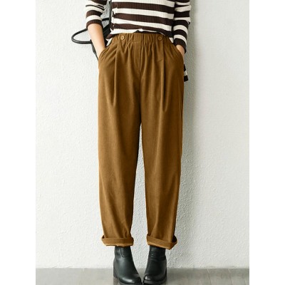 Women Corduroy Pleated Solid Elastic Waist Side Pockets Casual Pants