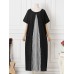 Pocket Short Sleeve Splicing Striped Color Block Maxi Dress