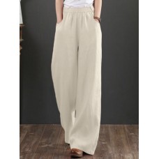 Women 100  Cotton Wide Legged Pleats Side Pocket Solid Casual Pants