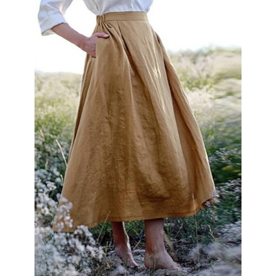 Solid Color Elastic Waist Linen Cotton Loose Hem Skirts