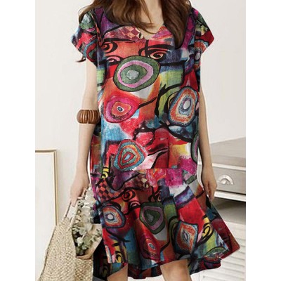 Abstract Painted Ruffled Short Sleeve High  Low Hem Midi Dress