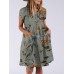 Flower Print Button Pocket Short Sleeve Round Neck Dress