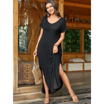 Round Neck Solid Pocket Loose Fit Short Sleeve Split Maxi Dress