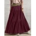 Solid Color Big Swing Elastic Waist Pleated Casual Long Skirt For Women