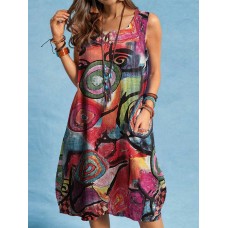 Abstract Painted Button Pocket Sleeveless Casual Midi Dress