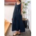 Solid Pocket Drawstring Sleeveless Cotton Casual Maxi Dress