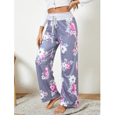 Plus Size Women Floral Printing Drawstring Waist Loose Casual Home Pajamas Pants