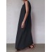 Solid Pocket Cotton Ruched Round Neck Sleeveless Maxi Dress