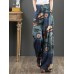 Women 100  Cotton Flared Wide  Leg Floral Printed Retro Side Pockets Pants