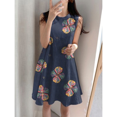 Flower Print Cotton Round Neck Sleeveless Casual Midi Dress