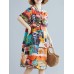 Abstract Painted Pocket Round Neck Short Sleeve Loose Midi Dress