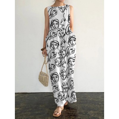 Sleeveless Print Pocket Round Neck Pattern Figure Maxi Dress