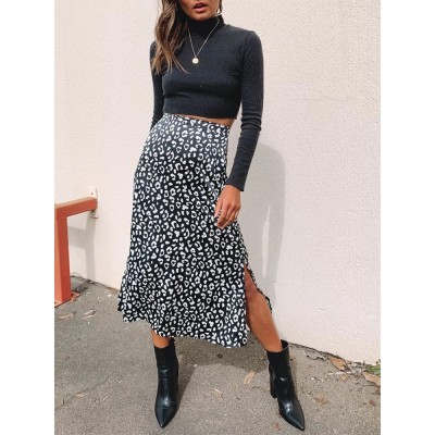 Leopard Print Side Split High Waist Slim Skirts