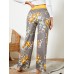 Women Plus Size Flowers Print Drawstring Waist Loose Home Casual Pajamas Pants