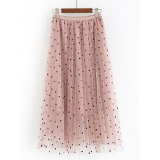 Women Polka Dot Print Gauze Elastic Waist Midi Mesh Pleated Skirt