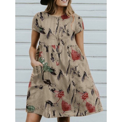 Flower Print Button Pocket Short Sleeve Round Neck Dress