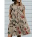 Flower Print Button Pocket Short Sleeve Round Neck Dress