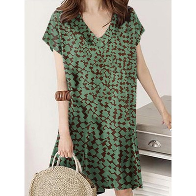 Geo Print Ruffle V  Neck Tulip Short Sleeve Casual Midi Dress