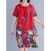 Geometric Floral Pocket Round Neck Short Sleeve Casual Midi Dress