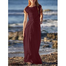 Sleeveless Solid Round Neck Ruched Hollow Out Maxi Dress