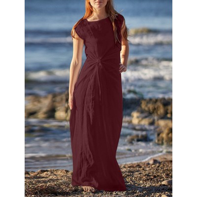 Sleeveless Solid Round Neck Ruched Hollow Out Maxi Dress