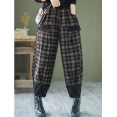 Women Cropped Check Print Pocket Stitch Elastic Waist Denim Casual Pants