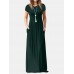 Short Sleeve Pocket Floor Length Solid Round Neck Maxi Dress